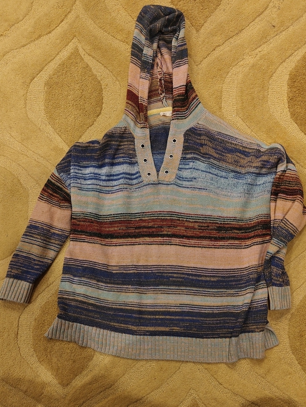Striped Knit Hooded Pullover Sweater - Blues & Pink Red Black Purple